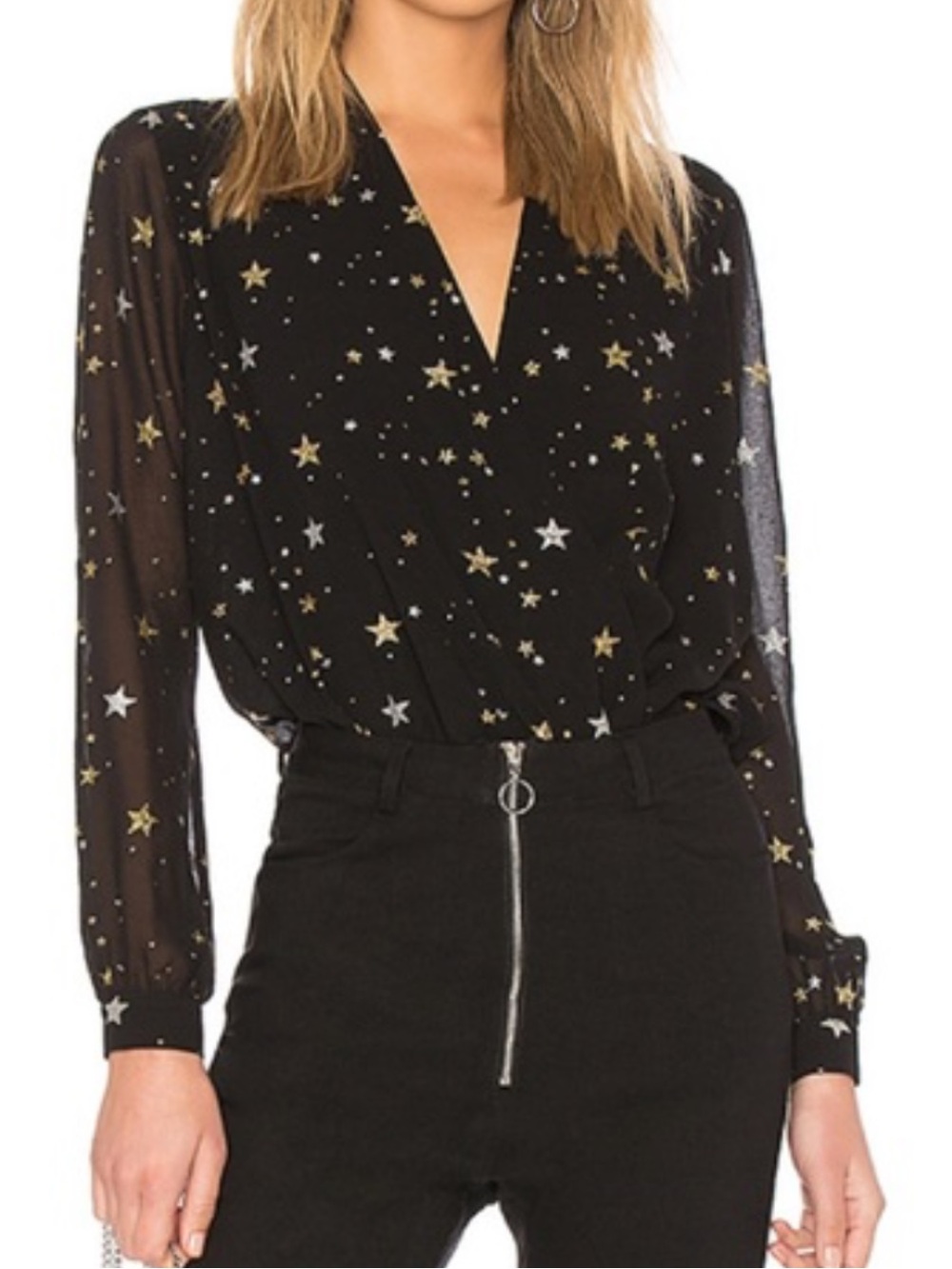 Lovers + Friends Whisper Top Metallic Star Print Sheer Open Back Wrap Top XS